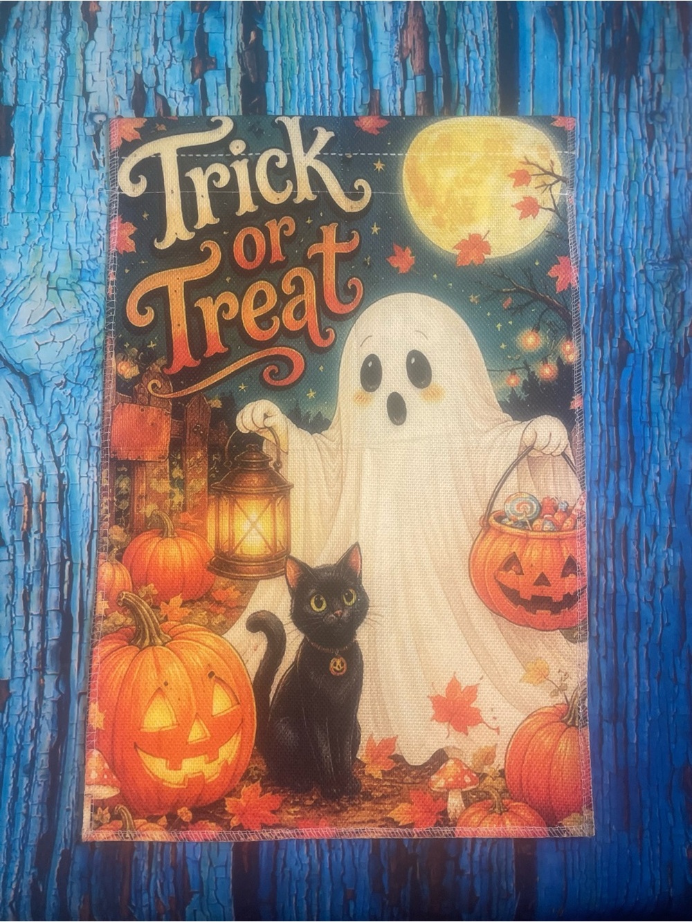 Trick or Treat Halloween Garden Flag Ghost, Black Cat & Pumpkins